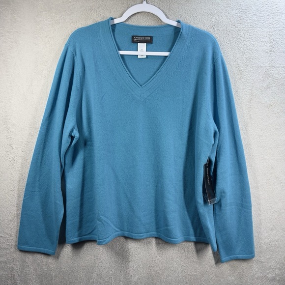 Jones New York Cashmere Sweater V-neck Teal Blue Women's 2X New - Picture 1 of 9